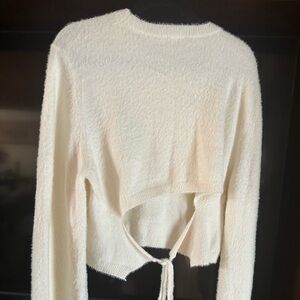Cream Fuzzy Knit Sweater with Tie Back